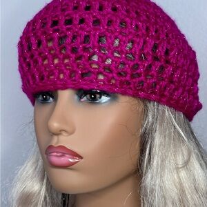 Pink Crochet Lattice Beanie Hat